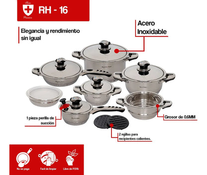 Batería de Cocina Acero Inoxidable 16pz. Royal (Grado Alimenticio)