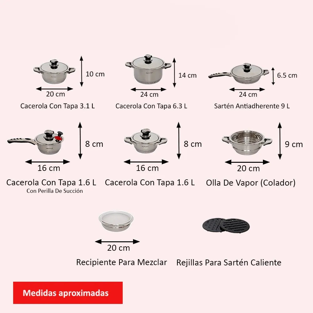 Batería de Cocina Acero Inoxidable 16pz. Royal (Grado Alimenticio)